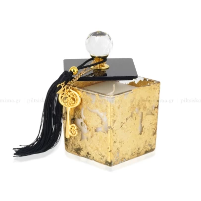 Square Gold Candle, κηροπήγιο με αρωματικό κερί σόγιας, φύλλα χρυσού και διακοσμητικά στοιχεία