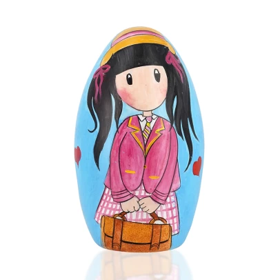Πασχαλινό Αυγό, ζωγραφισμένο κεραμικό, κούκλα Santoro με τσάντα