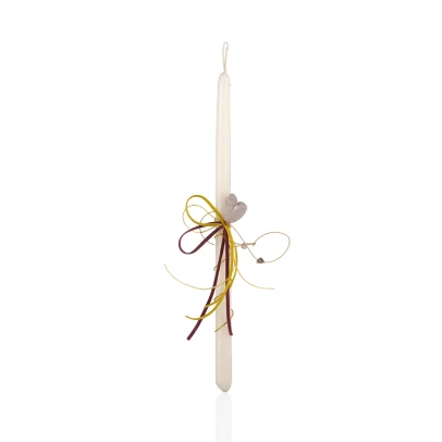 Χειροποίητη λαμπάδα με λιλά λουλούδι, κερί λεπτό με κεραμικά στοιχεία