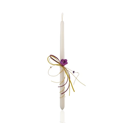 Χειροποίητη λαμπάδα με μωβ λουλούδι, κερί λεπτό με κεραμικά στοιχεία