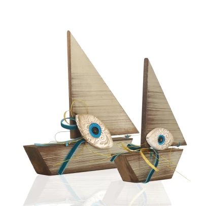 Καράβι με Μάτι, ξύλινο επιτραπέζιο διακοσμητικό με κεραμικό στοιχείο